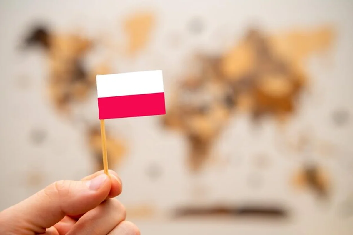 Flaga Polski w ręku człowieka na drewnianej mapie świata